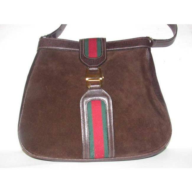 Gucci Jackie Bag Vintage Ophidia Large Dark Brown Suede And Leather With A Red And Green Canvas Stri