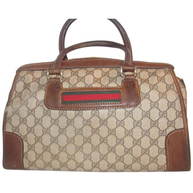 Gucci Xl W Guccissima Print Canvasleather Stripe Brown Coated Canvas And Leather Satchel