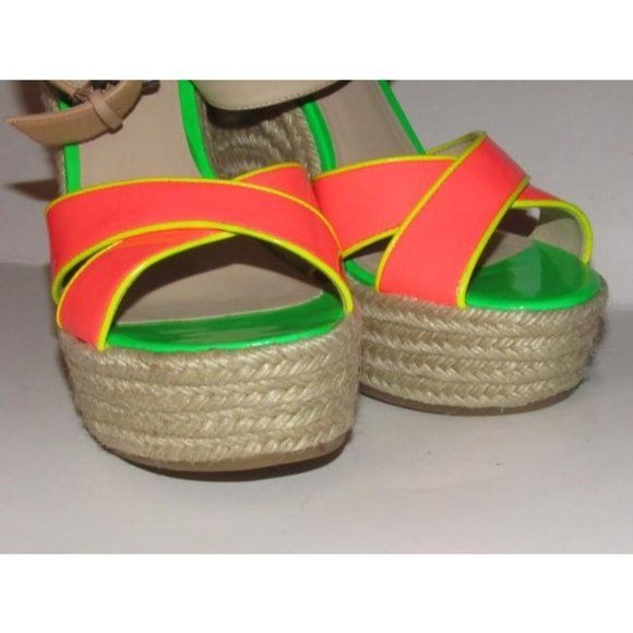 Enzo Angiolini Pink Yellow Green and Taupe Leather Wedge Sandals