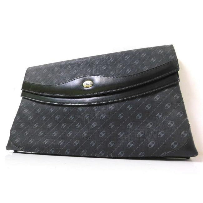 ON SALE! Gucci Vintage Purses Grey Diagonal Oval Logo Print On Black Coated Canvas And Leather