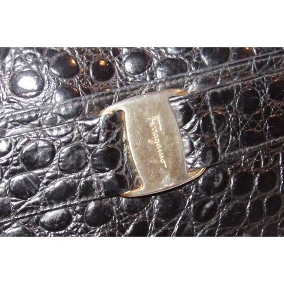 Salvatore Ferragamo Black Crocodile Embossed Leather With Gold Vara Accent Crossbody or Shoulder Bag