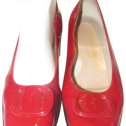 Salvatore Ferragamo Red Patent Leather Flats With An Extra Large Vara Accent