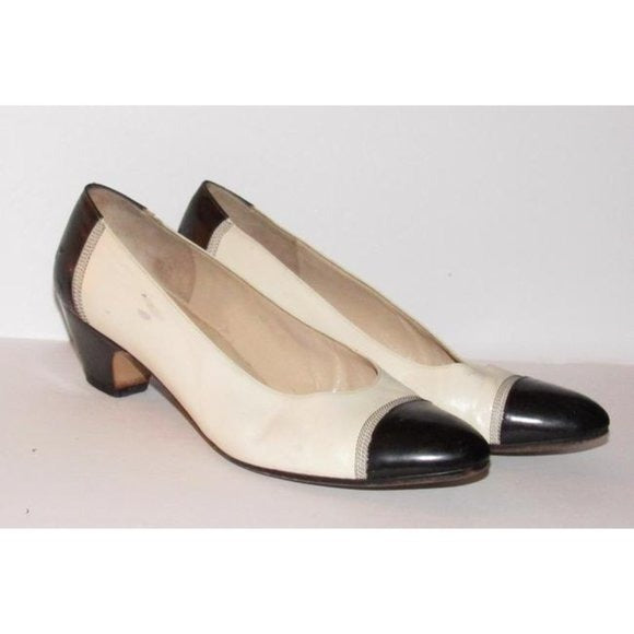 Ferragamo Ivory and Black Color Spectator Block Pumps