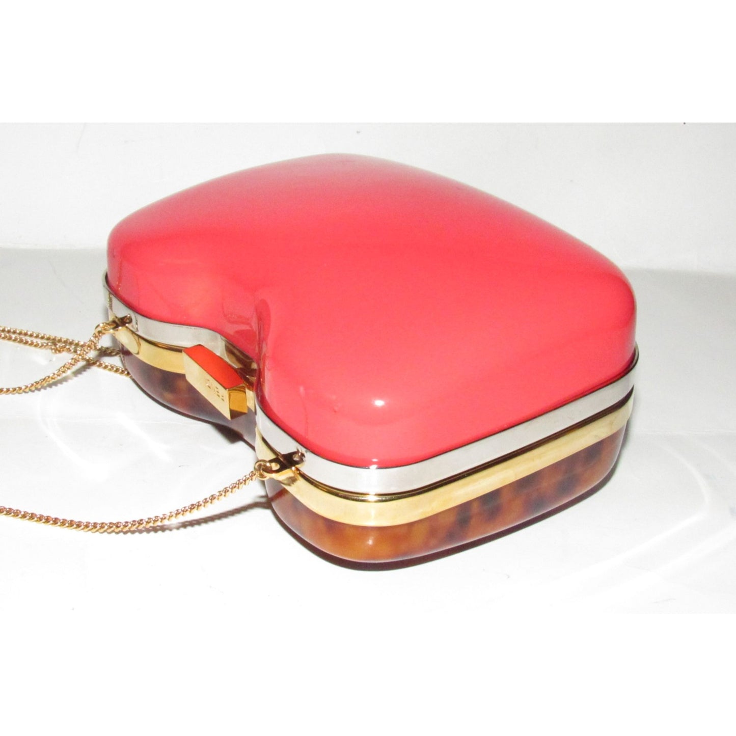 Retro, Fendi two way- clutch or cross body/shoulder clam shell style purse made of red & tortoise shell Lucite with a gold chain strap