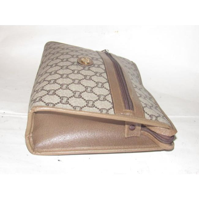 Gucci Webby Vintage Brown Coated Canvas With Plus Print & Brown Leather Clutch