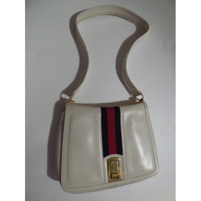 Gucci Vintage White Leather With Wide Red Blue Striped Center Hobo Bag