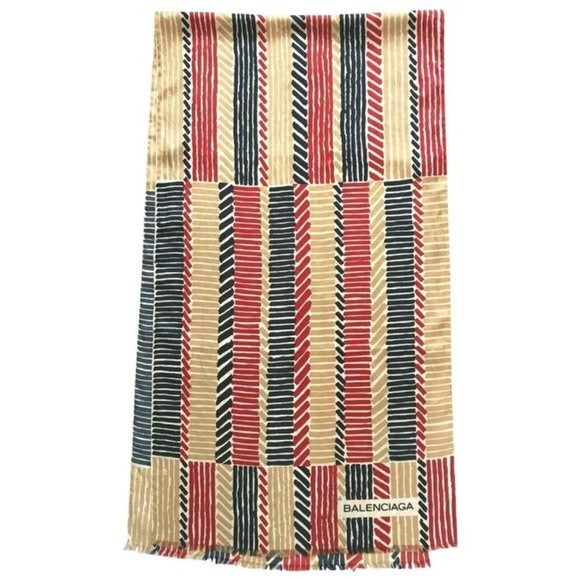 Balenciaga Blue Tan Red White Tribal Silk Scarf