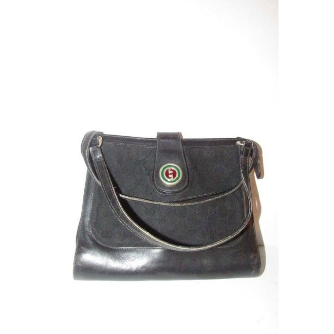 Rare, GUCCI, black Guccissima print satchel/tote bag w/ a 1973 style, round, red and green enamel GG logo snap!