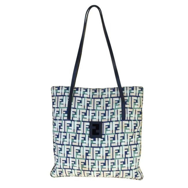 Fendi Canvasleather Top Handle Satcheltote Bluegreenwhite Zucco Print Leather And Canvas Tote