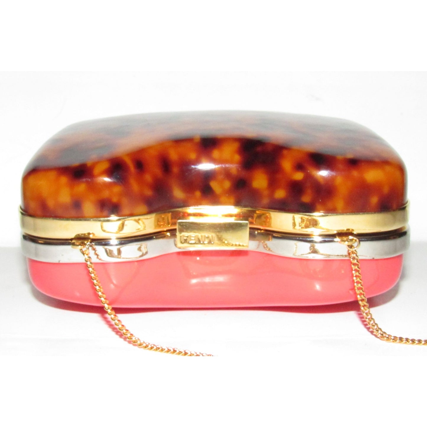 Retro, Fendi two way- clutch or cross body/shoulder clam shell style purse made of red & tortoise shell Lucite with a gold chain strap