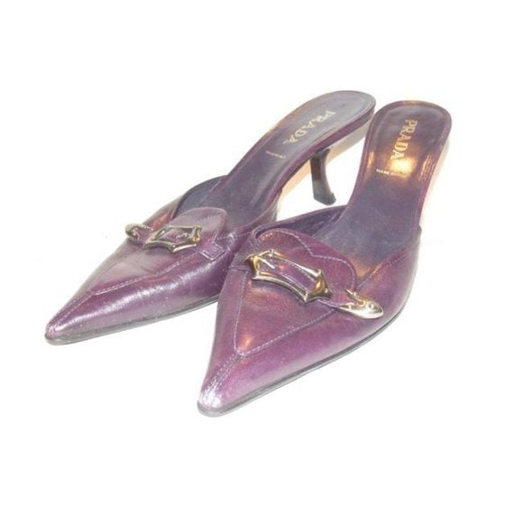 PRADA Purple Leather w Chrome Buckle Kitten Heels