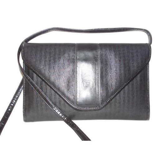 Fendi Vintage Pursesdesigner Purses Blackgrey Thin Stripe Print Canvas And Black Leather Coated Shou