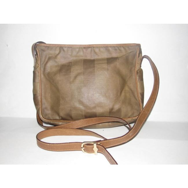 Fendi Canvasleather Cross Bodyshoulder Tan Wide Stripe Printcamel Coated Canvas And Leather Shoulder