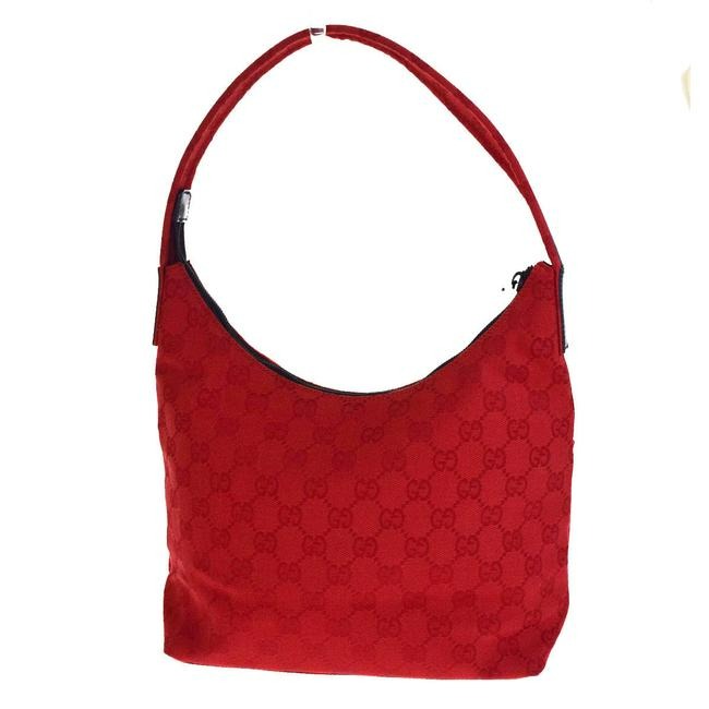 Gucci Newer Large G Logo Print In Red On Canvas With Navy Leather Heavy Fabric