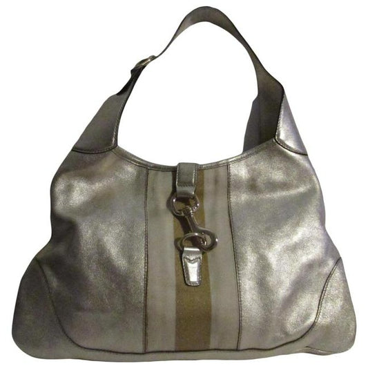 Gucci New Jackie Triangular Shaped Metallic Leather Hobo Bag W Wide Sherry Stripe