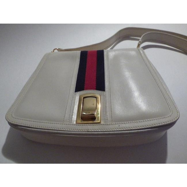 Gucci Vintage White Leather With Wide Red Blue Striped Center Hobo Bag