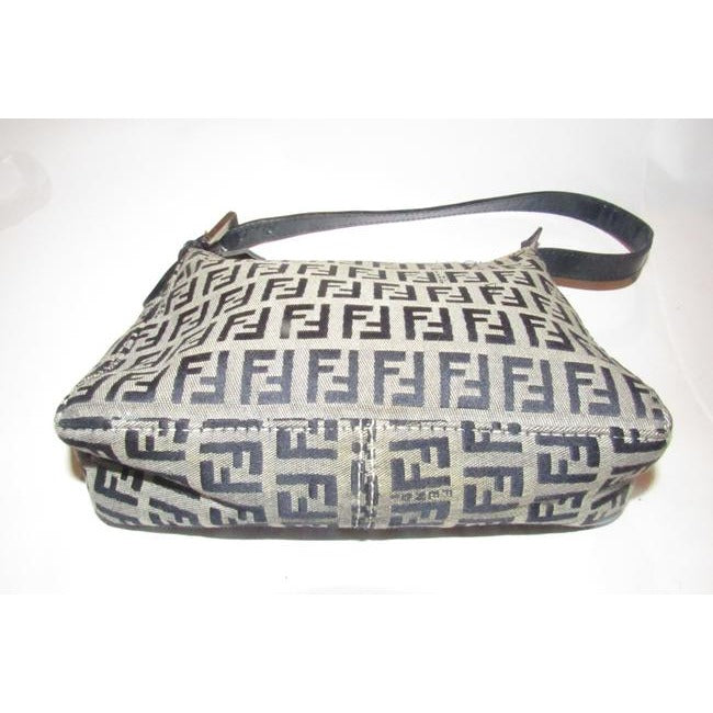 Fendi Zucchino Shoulder Purse Navy Print On Tan Leather And Canvas Hobo Bag