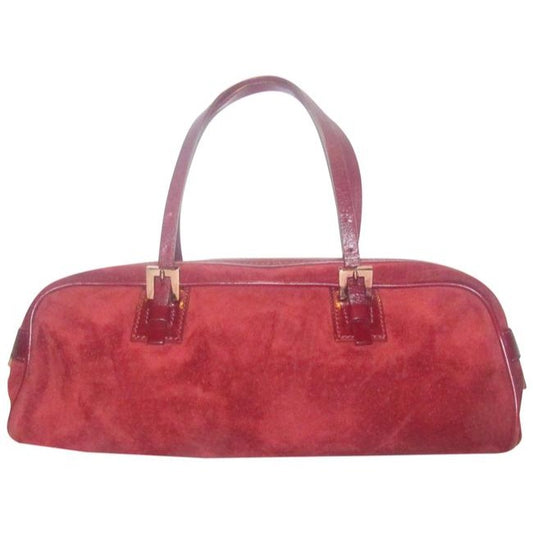 Fendi Style Shoulder Purses Dark Red Suede And Leather With Rose Gold Hardware Satchel