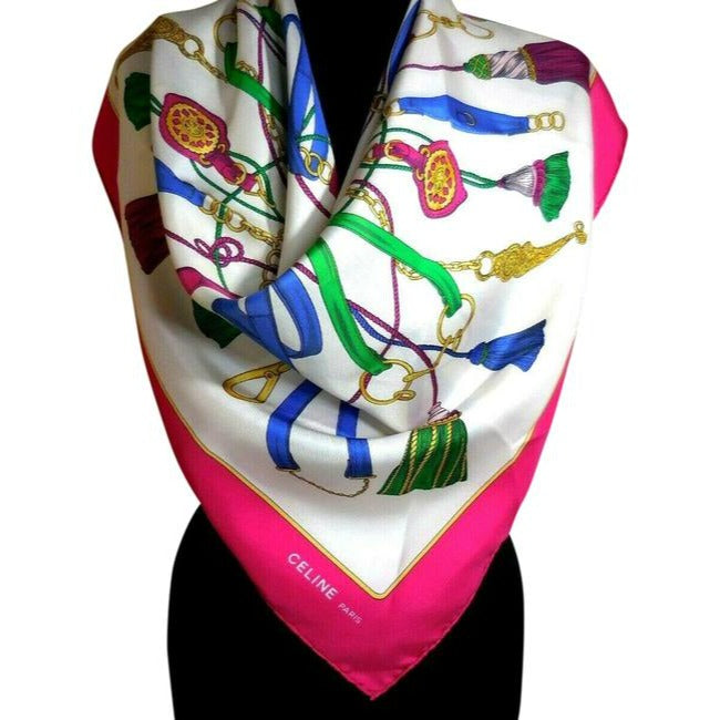 Celine Blue Pink Green Gold Tassels Equestrian Print Silk Scarf