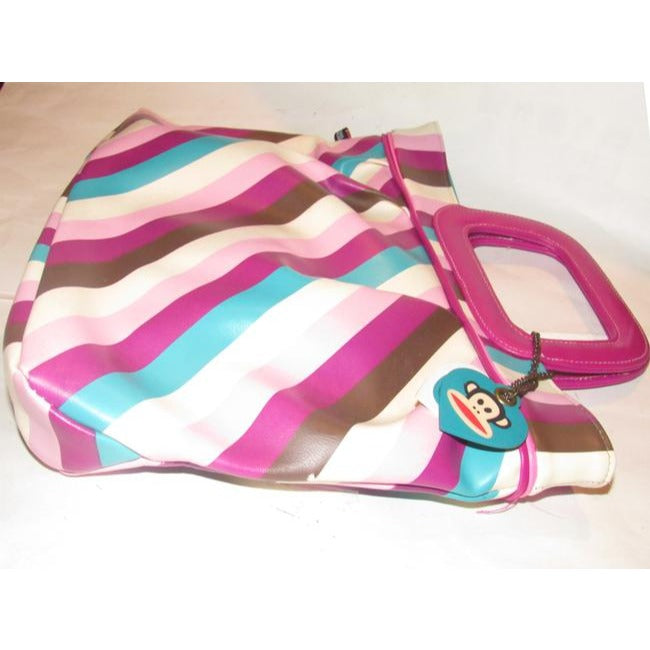 Paul Frank Pursesdesigner Purses Ivory Turquoise Plum And Lavender Striped Print Pvc Tote