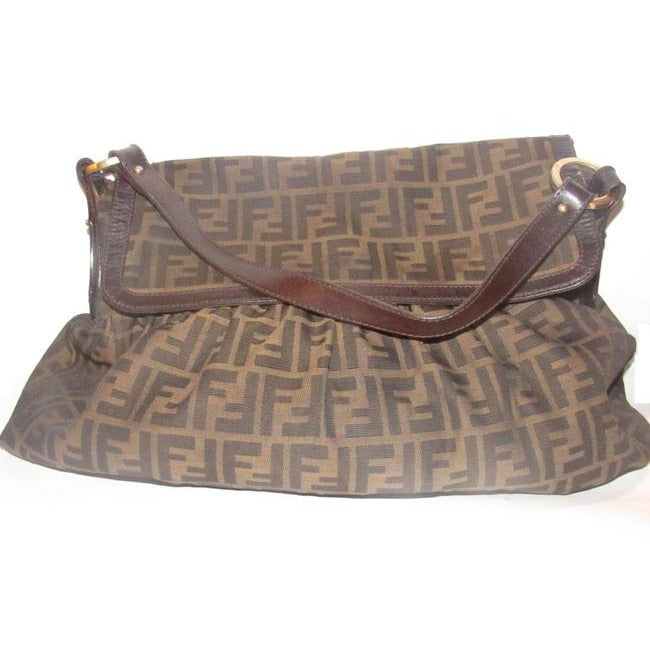 Fendi Xl Ruched Canvasleather Chef Style Tobacco Zucco Print Leather And Canvas Shoulder Bag