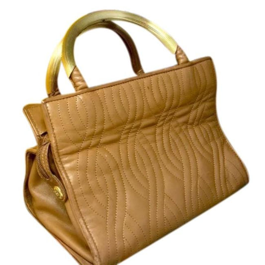 Fendi Xl Or Pasta Design Tote Camel Gold Handle Quilted Leather And Leather Satchel