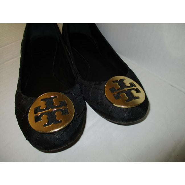 Tory Burch Black Gold Logo Quilted Ballet Flats Size Us