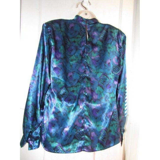 Notations Teal Green Purple And Black Peacock Print Silky Polyester Vintage Secretary Top