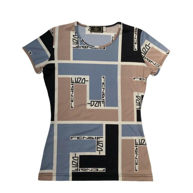 Fendi Blue Brown Black Zucca Logo Print Blouse