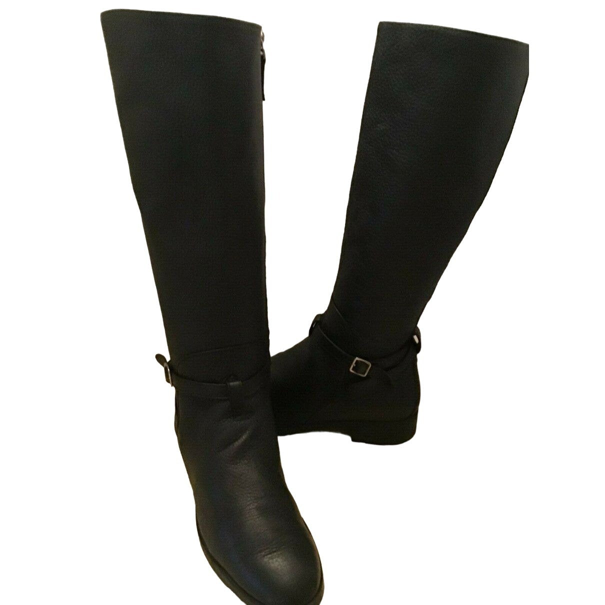 Bally Switzerland, size 9.5, black leather riding boots with chrome hardware, side zippers, almond toes and 1.5" block heels