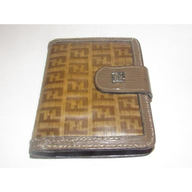 Fendi Dark Brown Small F Logo Print Coated Canvas And Textured Brown Leather Vintage Walletdesigner