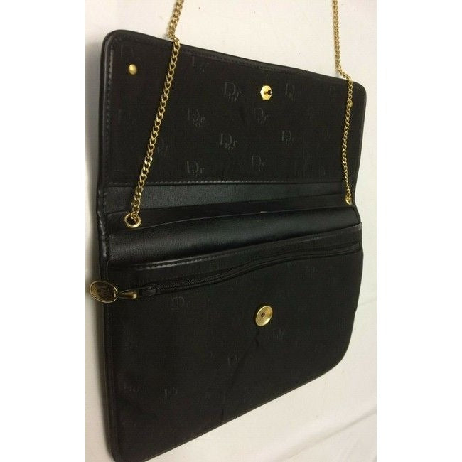 Dior Canvasleather Two Way Purse With Gold Chain Strap Black Logo Print Leather And Canvas Cross Bod