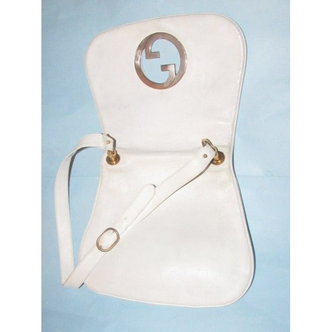 vintage, RARE, Gucci 'Blondie', supple white textured leather, saddle bag style, shoulder bag with large, gold 'GG' emblem