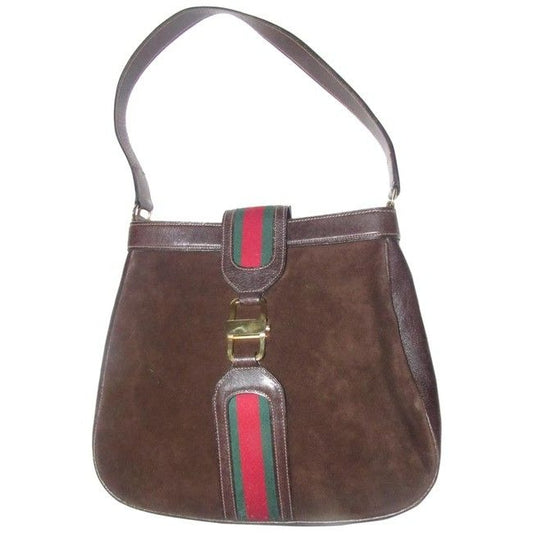 Gucci Jackie Bag Vintage Ophidia Large Dark Brown Suede And Leather With A Red And Green Canvas Stri