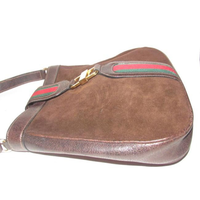 Gucci Jackie Bag Vintage Ophidia Large Dark Brown Suede And Leather With A Red And Green Canvas Stri