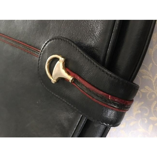 Gucci Vintage Dark Navy Blue Leather With Red Leather And Equestrian Accents