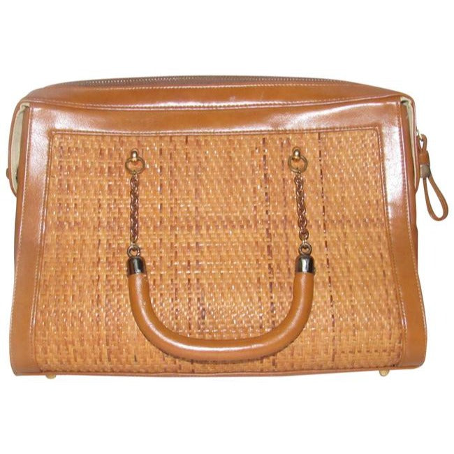 Vintage Pursesdesigner Purses Camel Leather And Natural Woven Raffia Satchel