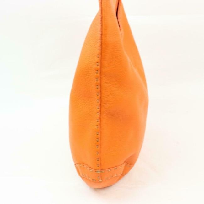 Fendi Style Shoulder Purse Orange Selleria Leather And Taupe Contrast Stitching Hobo Bag
