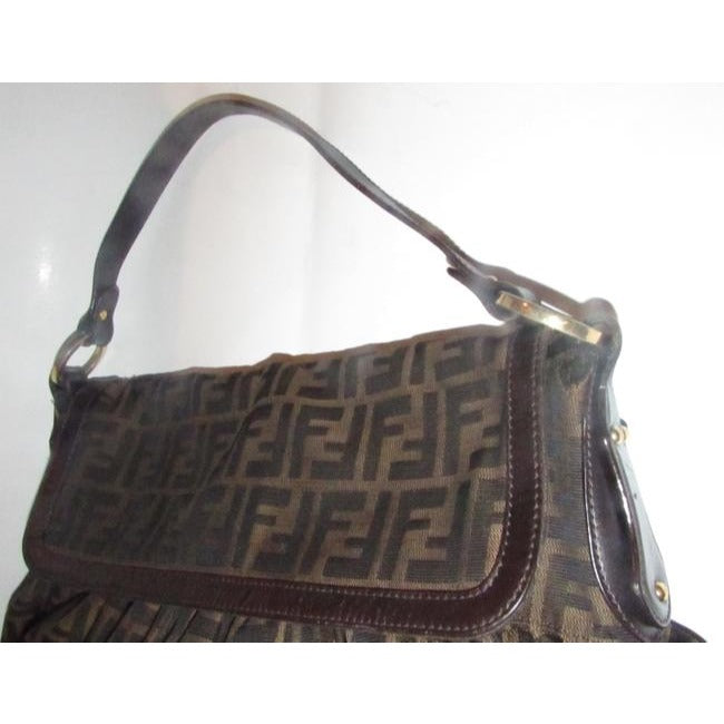 Fendi Xl Ruched Canvasleather Chef Style Tobacco Zucco Print Leather And Canvas Shoulder Bag