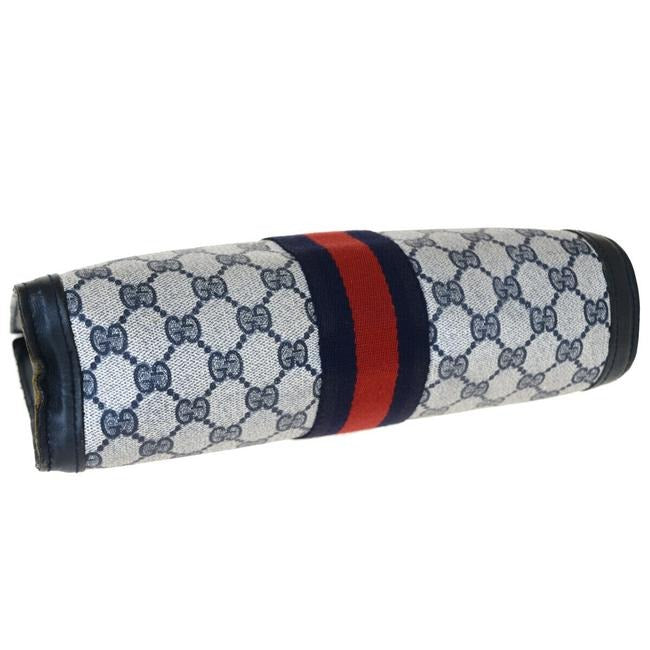 Gucci Navy Guccissima Print Coated Canvas & Navy Leather Clutch with Red & Blue Sherry Stripe & Velcro Closure