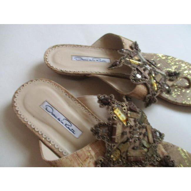 Oscar De La Renta Brown Bronze And Gold T Strap Embellished Sandals Size Eu