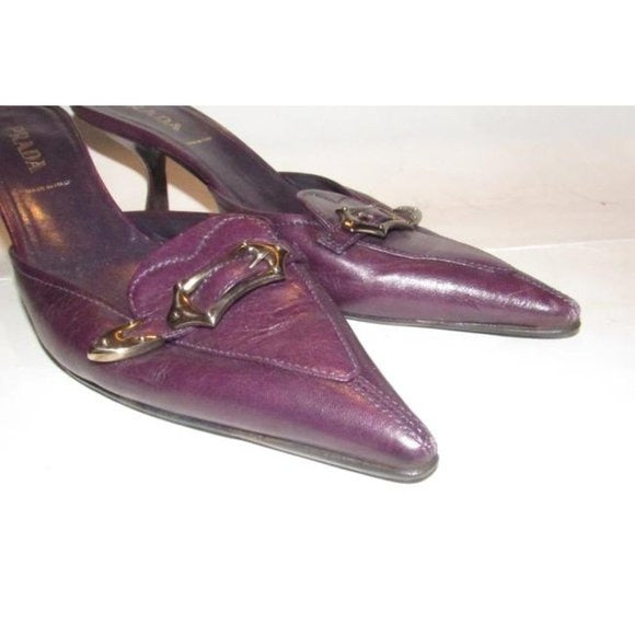 PRADA Purple Leather w Chrome Buckle Kitten Heels