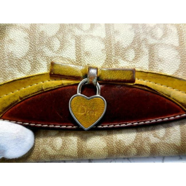 Dior Light Brown Trotter Print XL Wallet W Pink Enamel Heart