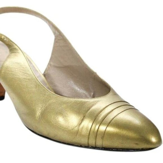 Salvatore Ferragamo Gold Leather Closed Toe, Sling-back Pumps