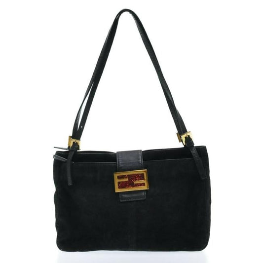 Fendi Shoulder Bag Hobo W Suedeleather V Shaped Style Clasp Black Suedered Enamel Ff Leather Satchel