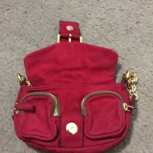 Prada Pattina Double Zip Pocket Rubino Camoscio Red Suede W Gold Chain And Leather Baguette