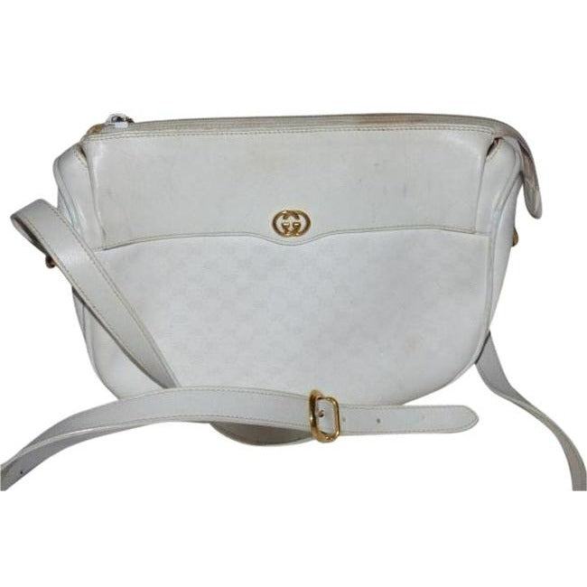 Gucci Webby Vintage Cross Body Crescent Shaped Purse White Micro Guccissima Leather And Coated Canvas