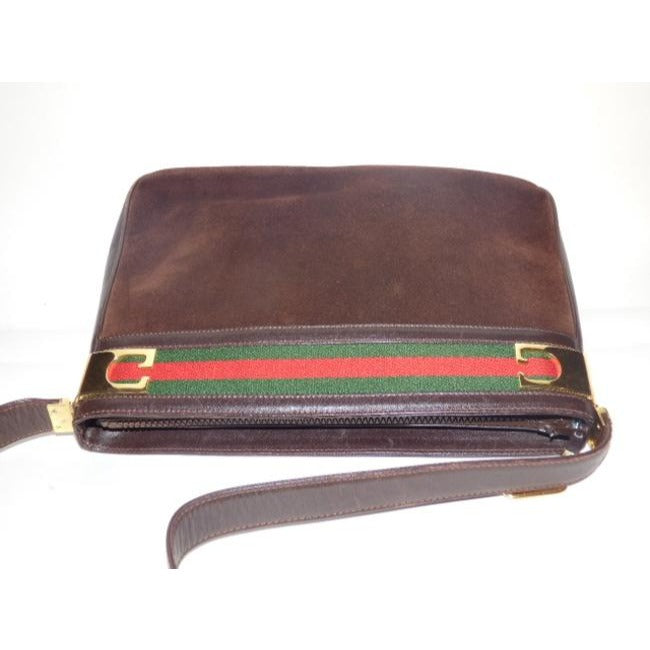 Gucci Vintage Brown Suede And Leather With Red And Green Striped Top Hobo Bag