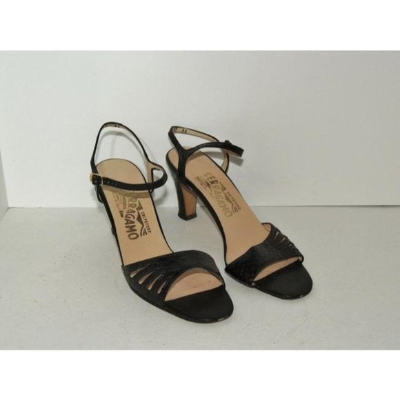 Ferragamo Black Snakeskin Leather Open Toe Sandals