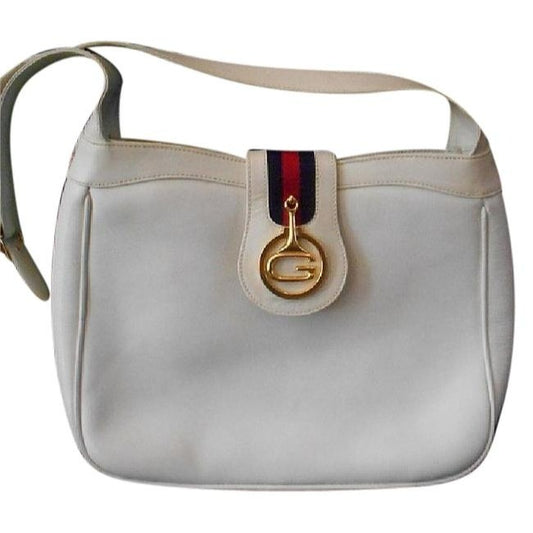 Gucci Vintage White Leather With Red And Blue Striped Accent And Large Gold G